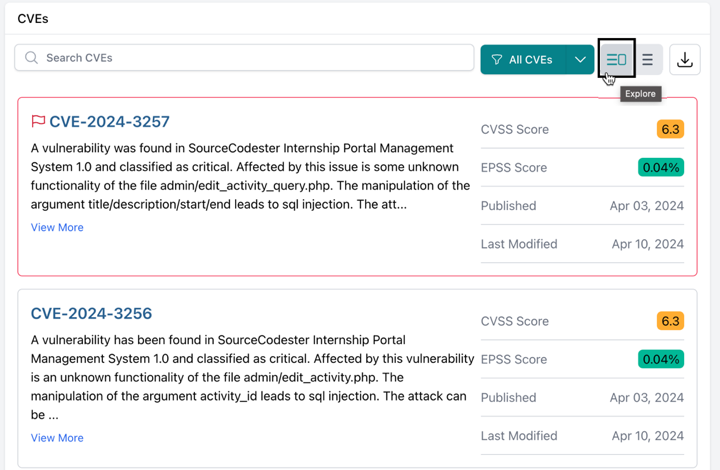 CVEs in Explore view